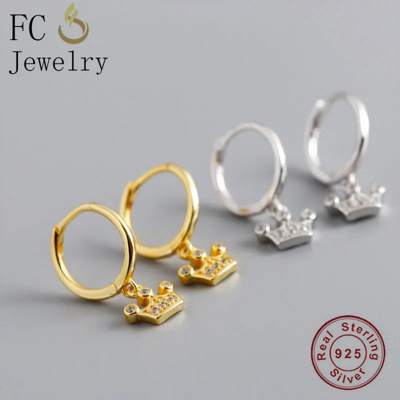 

FC Jewelry 925 Silver Tiny Golden Princess Crown Cubic Zircon Pendant Piercing Hoop Earring For Women Boucle 2020 NEW ARRIVAL