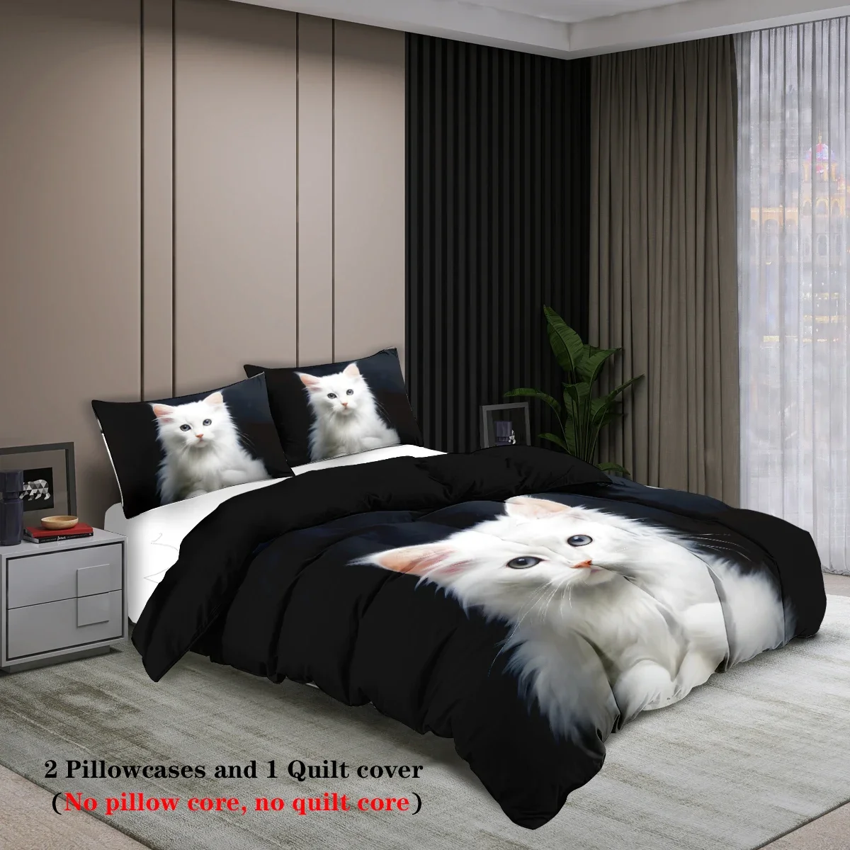 3-piece set of cute white cat pattern print (1 duvet cover+2 pillowcases, no core) comfortable bedding set