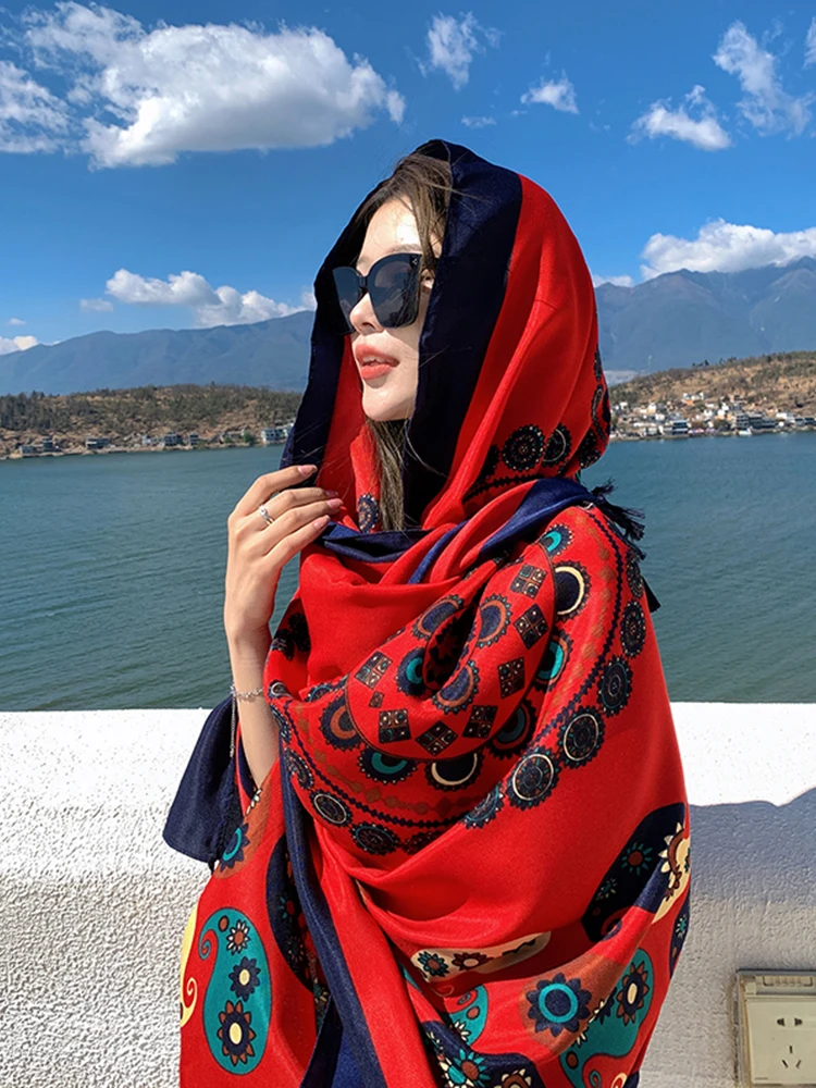 New Summer Elegant Women Silk Scarf Beach Wrap Shawl Vintage Red Print Lady Sunscreen Bandana Long Hijab Mujer Boho Scarve Pareo 4