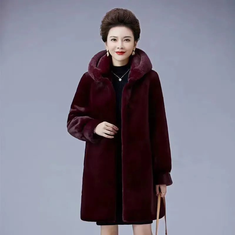 

Middle Aged Elderly Women New Mink Coat Winter Mid-length Thicken Hooded Warm Faux Fur Jacket High End Mother Fur Overcoat 6XL