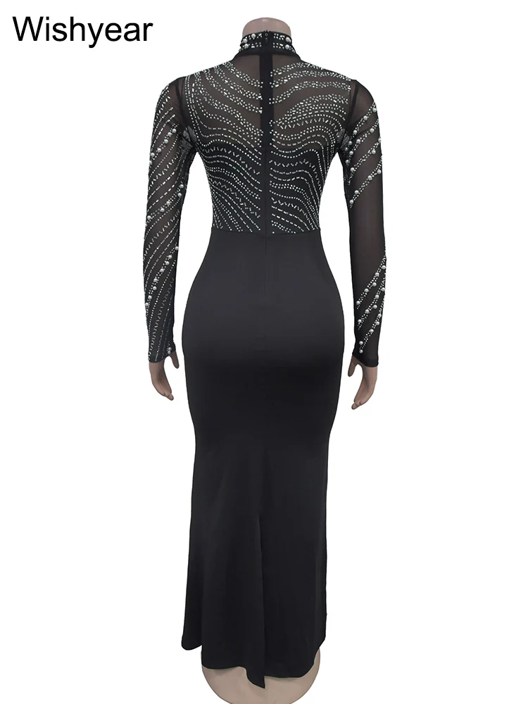 Wishyear Black Mesh Spliced Diamonds Slim Dresses Women Half High Collar  Long Sleeve Elegant Birthday Christmas Party Luxury - AliExpress 200000345