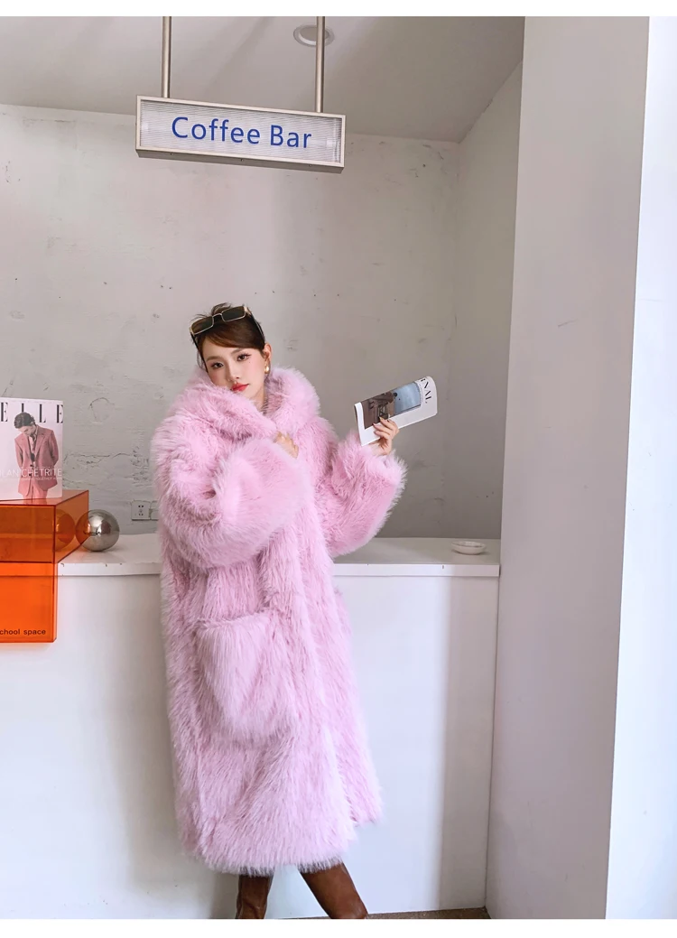 Princess Faux Fur Bunny Ears Hoodie LongPink Jacket Winter Coat For Women