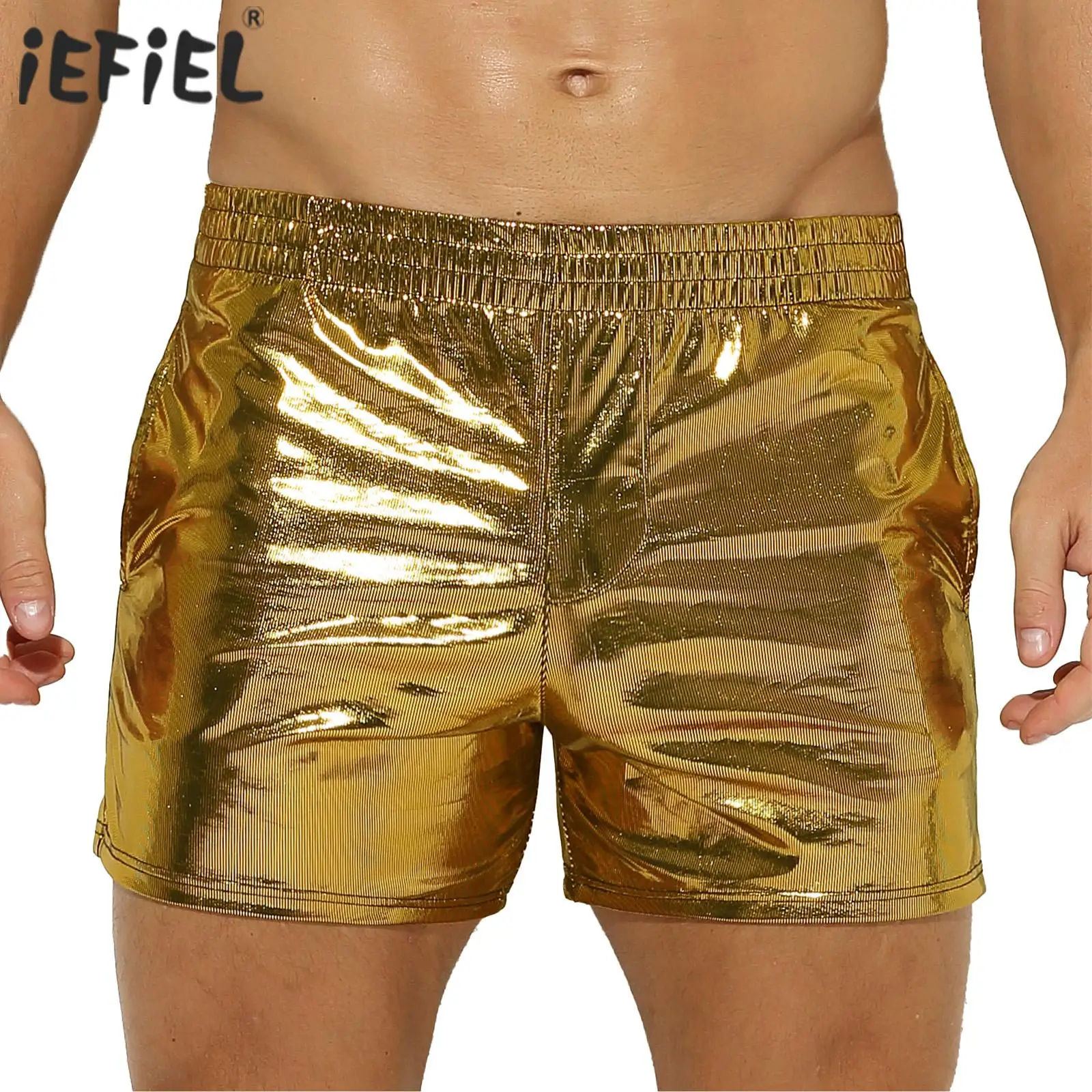 Mens Shiny Low Rise Short Pants with Pockets Faux Leather Hot Shorts Clubwear for Pole Dancing Music Festival Rave Outfit summer women black shiny patent leather open zipper crotch low rise latex shorts female clubwear rave sexy mini shorts