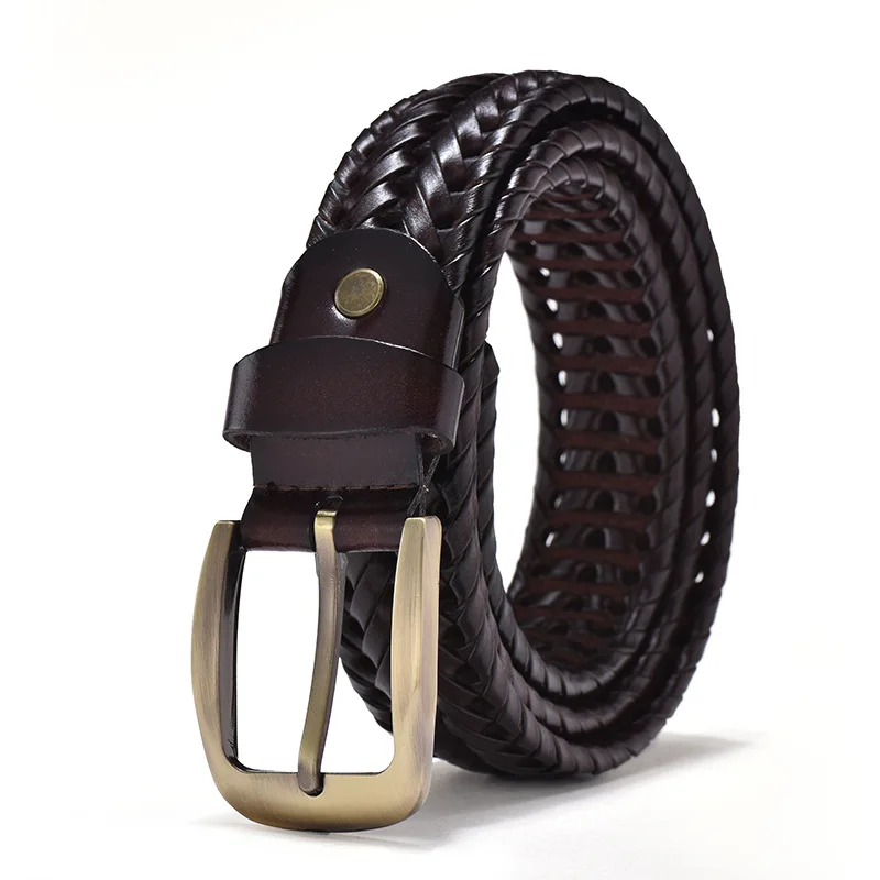 Men's Genuine Leather Braided Belt with Gold Pin Buckle - Vintage Casual Strap