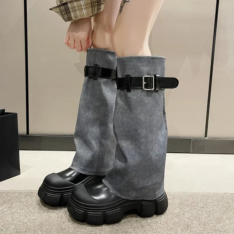 

Denim Knee High Boots Women Thick Bottom Platform Boots Winter Belt Buckle Warm Pants Design Boots for Women Motocycle Botas