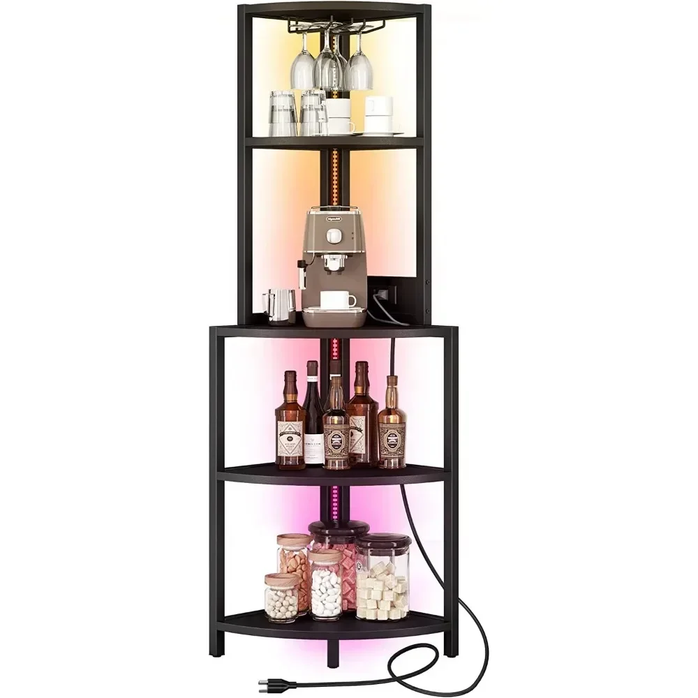 Corner Shelf with Power Outlets,LED Lights and Glass Holder, Corner Bookshelf Bookcase Display Shelves Rack for Living Room metal bookshelf 3 shelf bookcase file book shelf office home rack book shelf white wood tree living room sundries cabinet home