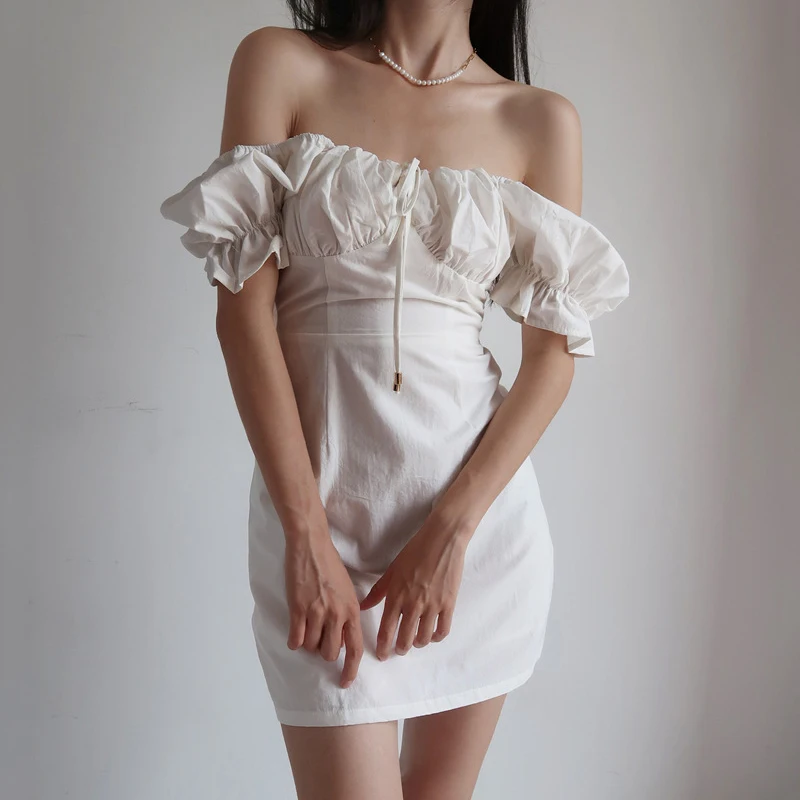 

2024 Summer French Retro Boho Slash Neck Mini Sexy White Women Dress Elegant Puff Sleeve Y2k Casual Party Beach Light Dress Robe