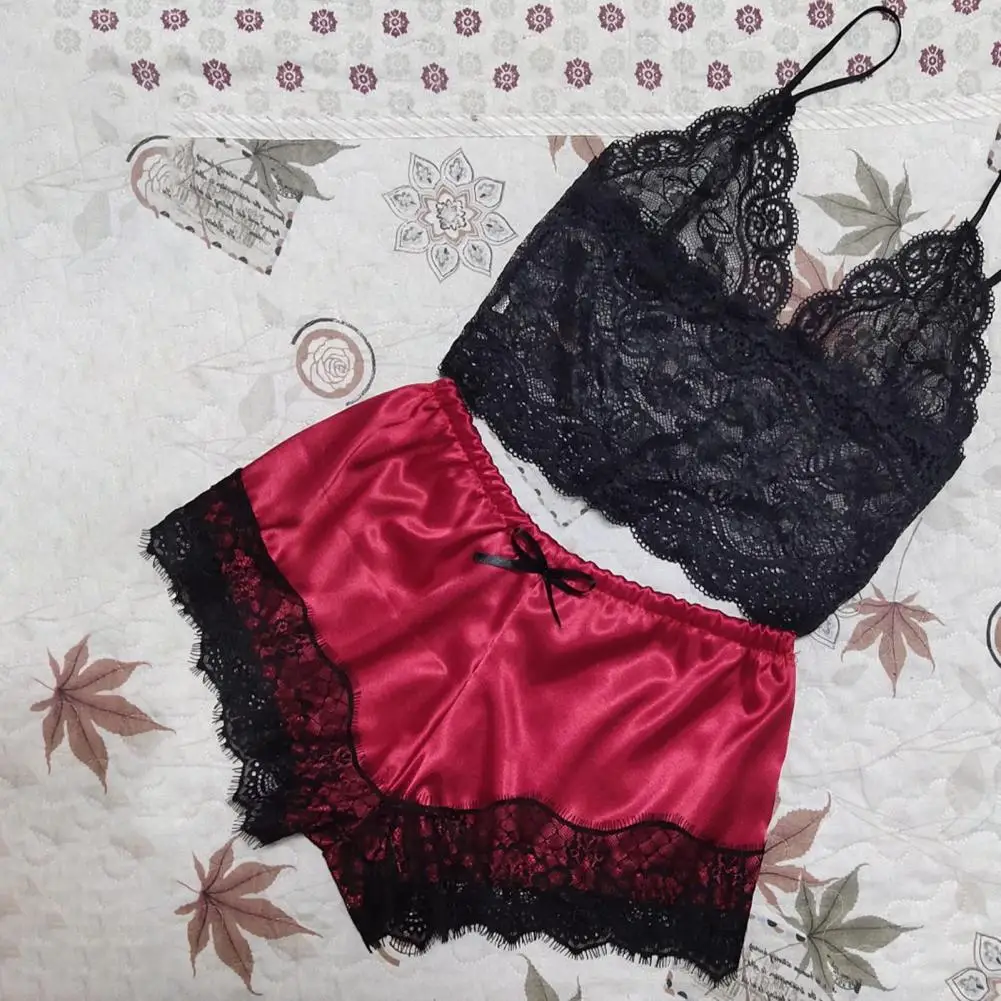 

1 Set Popular Nightwear Set Two Piece Pajama Set V Neck Color Block Vest Shorts See Through