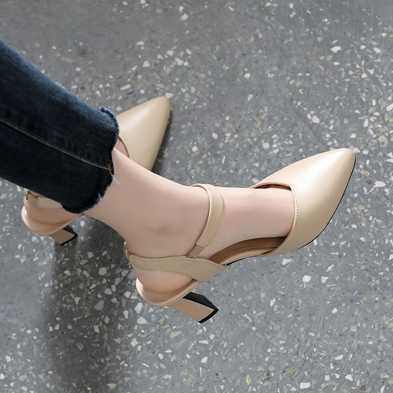 Women Sandals Soft Leather Solid Color Summer Thick Heels Baotou High-heeled