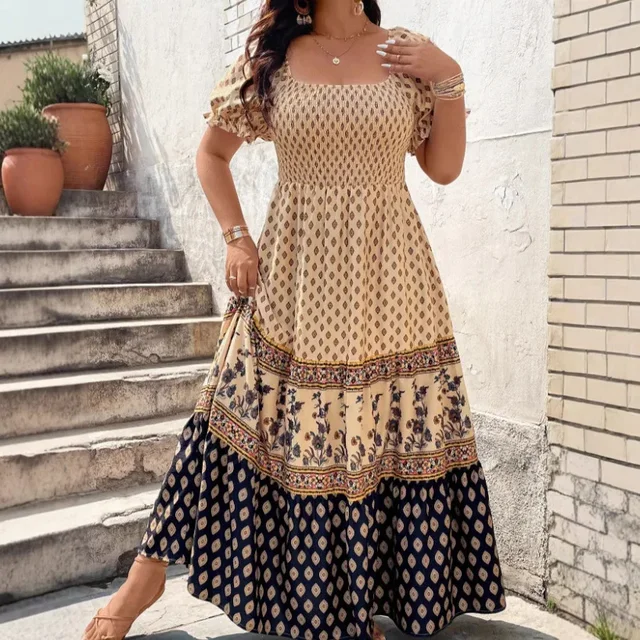 Plus Size Bohemian Print Short Sleeve Dress Large Size Polyester Fiber Printed Pattern Women's Clothing Short Dresses