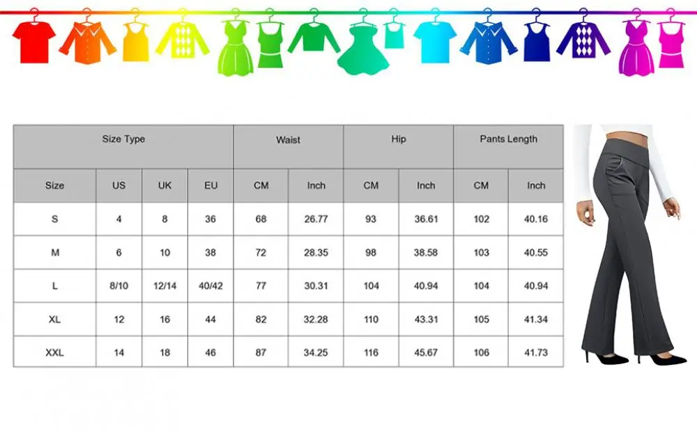 Women’s high‑waist stretchy flared slacks with pockets and wide‑leg design chart