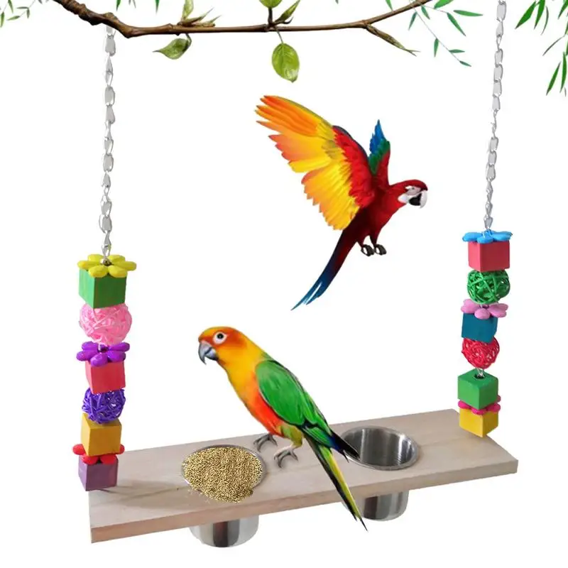 

Bird Swing Perch Parrot Swings Standing Wooden Climbing Foraging Toys Colorful Foraging Toys With 2 Feeder Tray Cups For