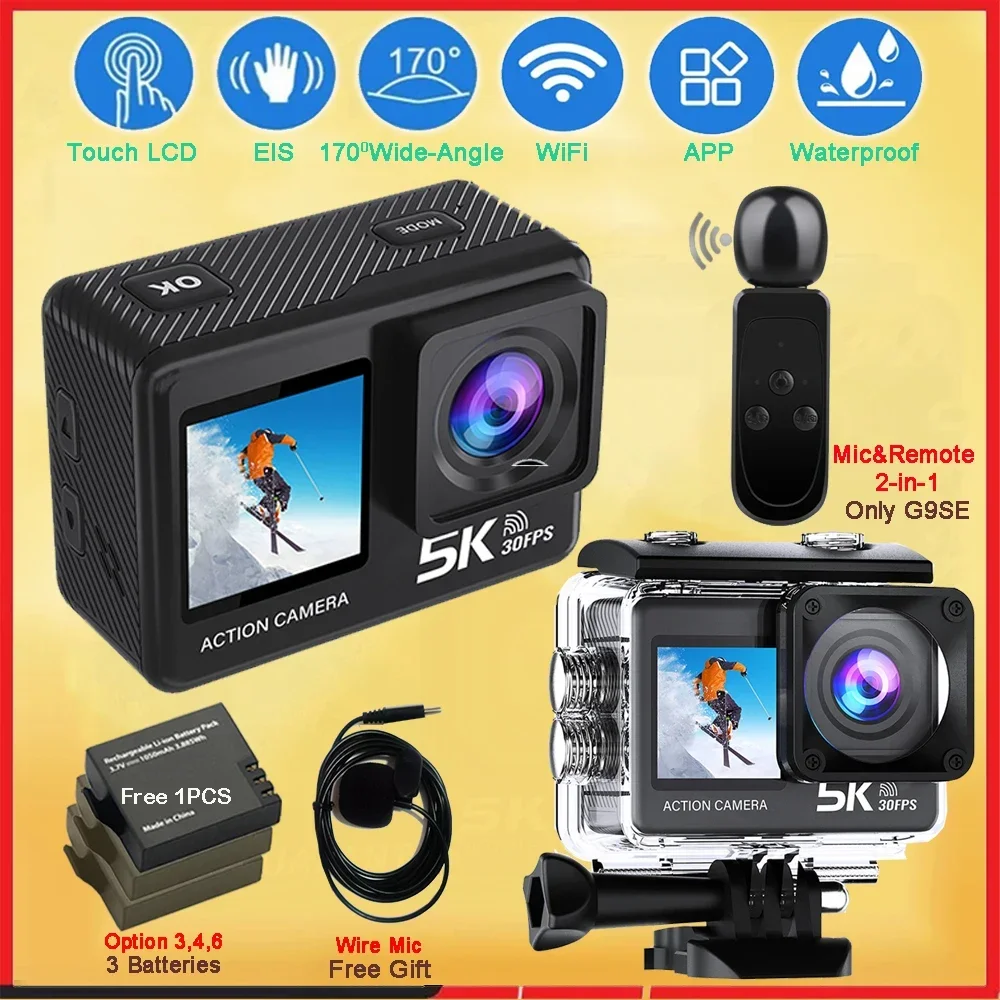 G9SE Action Camera 5K30fps 60fps 50MP 2.0 Touch LCD EIS DVR Webcam Pre-Record Wi-Fi 170D Waterproof 30M 5X Zoom Sports Camera
