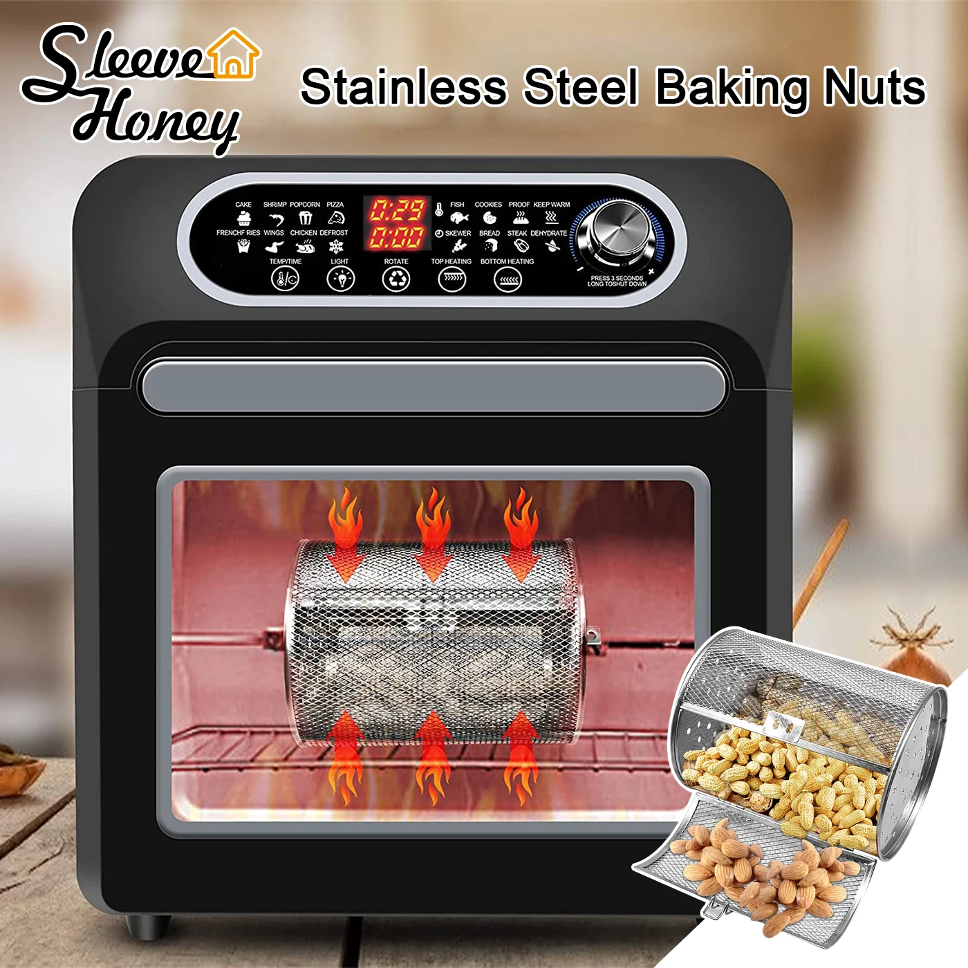 

Stainless Steel Rotisserie Grill Basket Baking Rotary Nuts Peanut Dried Coffee Beans Roaster Oven Parts Air Fryer Accessories