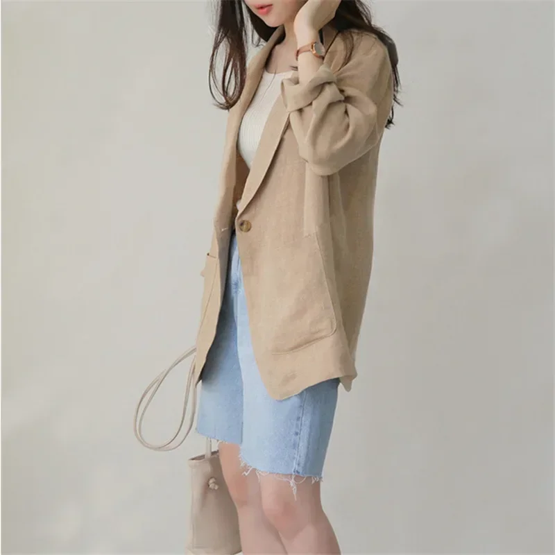 Women Blazers Single Button Solid Colors Khaki Long Sleeve Suits 2023 Spring Autumn Office Lady Plus Size Chic Elegant Blazer