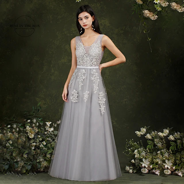 Vestido De Festa Silver Lace V-neck Evening Dresses 2022 Vestidos Elegantes Para Mujer Pearls Beaded A Line Prom - Dresses - AliExpress