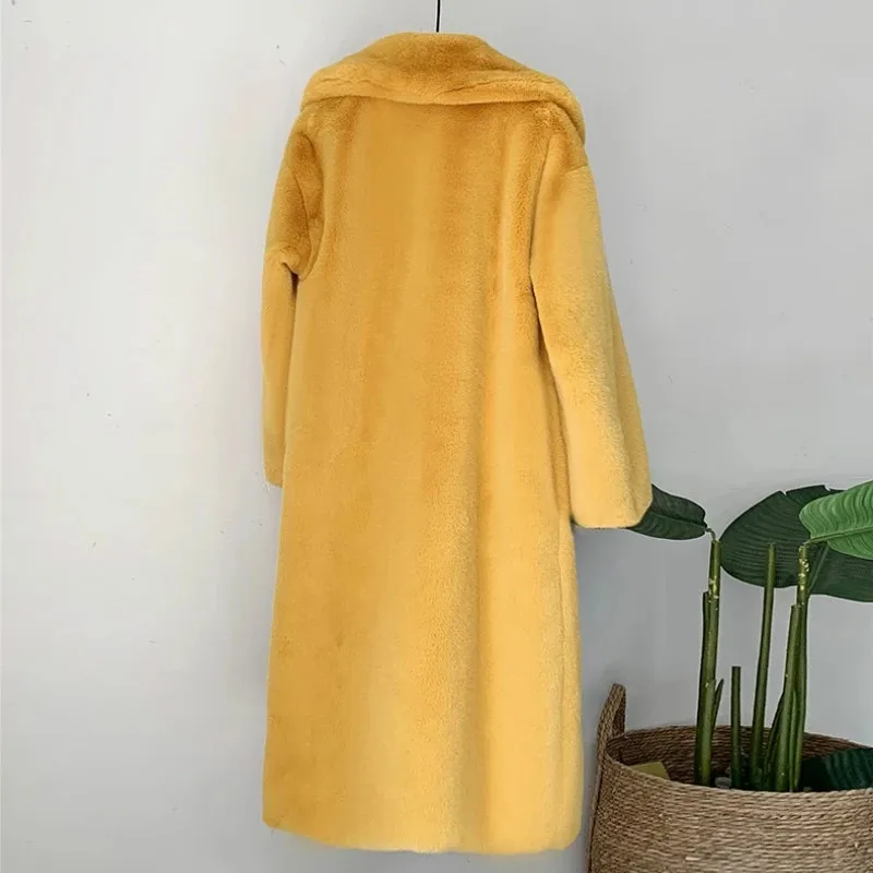 Winter Women High Quality Faux Rabbit Luxury Long Fur Coat Loose Elegant Lapel OverCoat Thick Warm Plus Size Female Plush Coats