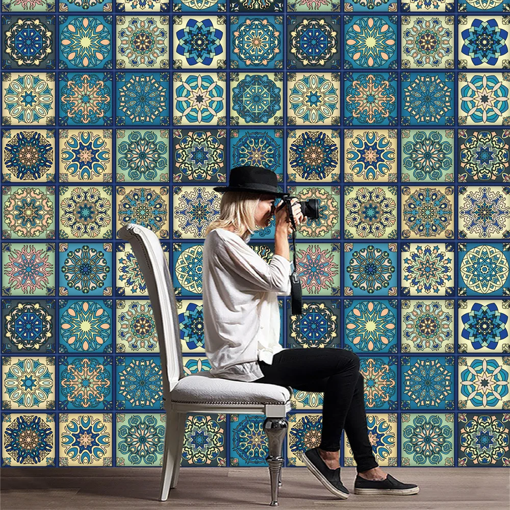 

Baroque Style Tile Stickers Retro Wallpaper Wall Stickers Home Living Room Kitchen Decoration Stickers
