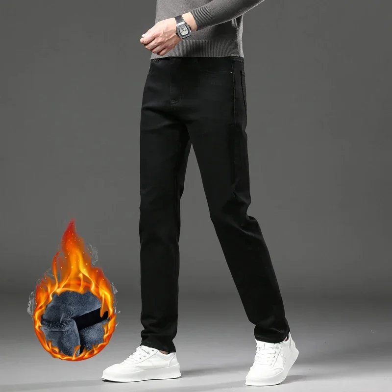 New Winter Casual Men Plush Wool Slim Fit Business Jeans Male Elastic Straight Fleece Denim Pants Warm Thick Fur Skinny Trousers 6
