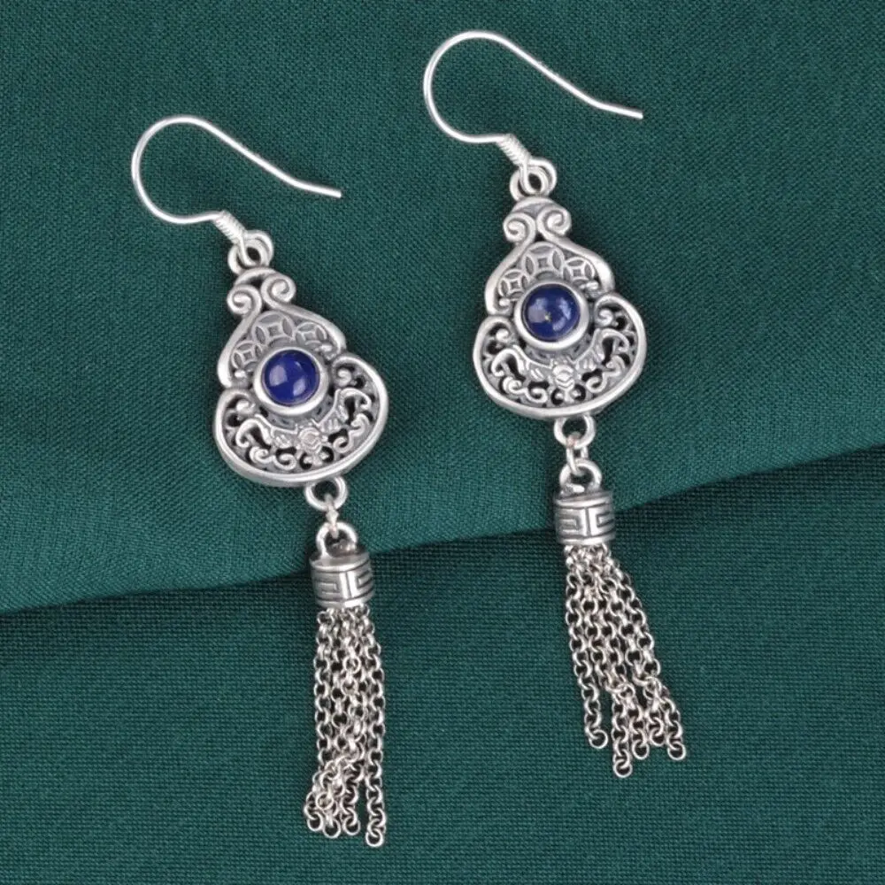 

Real S925 Sterling Silver Woman Lapis Lazuli Gourd Tassels Dangle Earrings