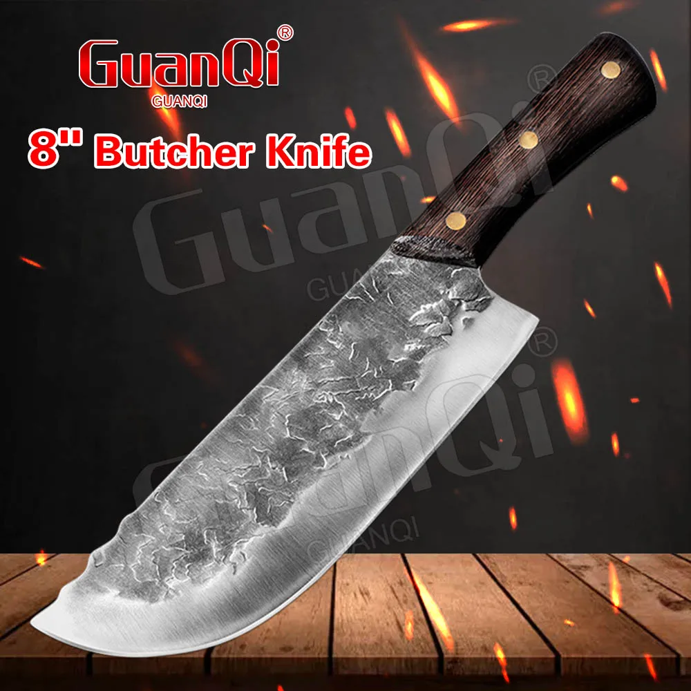 

8 Inch Butcher Knife for Cutting Meat Handmade Forged High-carbon Clad Steel Kitchen Knives Hammer Chef Chopper Cooking Knives