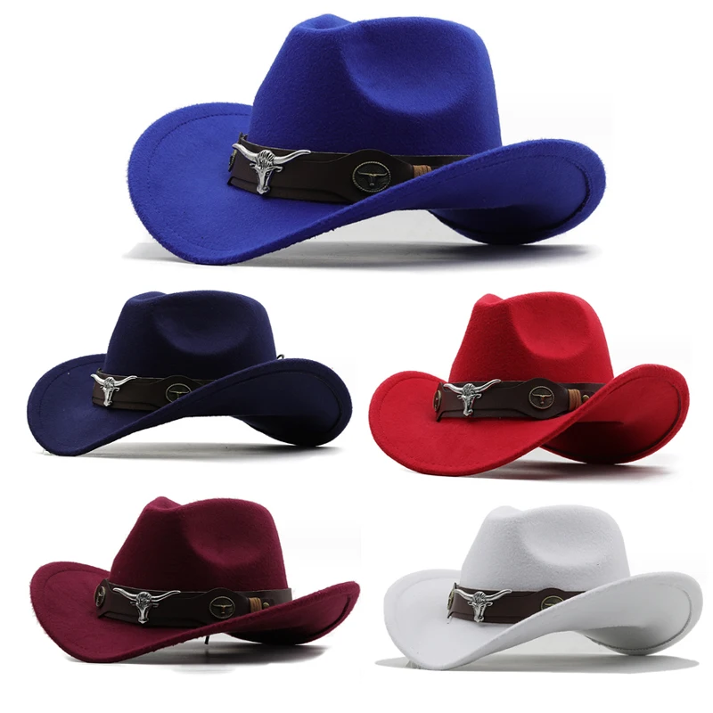 New Women Men Wool Chapeu Western Cowboy Hat Gentleman Uptured Eaves Jazz Hats Sombrero Hombre Cap Cowgirl Hats Cintura Con Ruote
