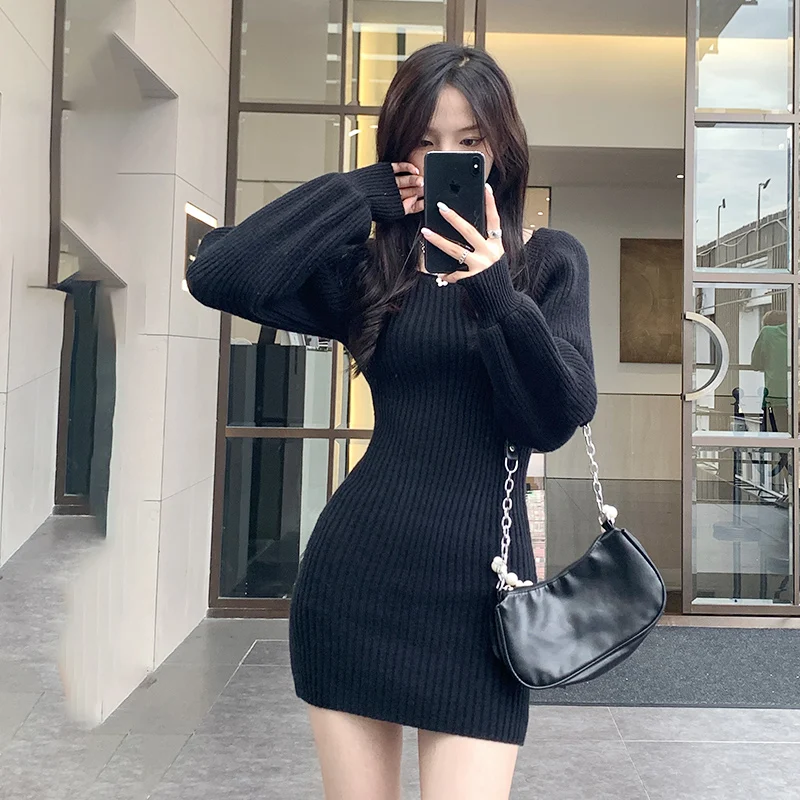 

20222 New Style Square Neck Lantern Sleeve Sweater Sexy Waist Closing Mid Length Hip Wrap Free Shipping