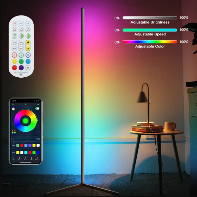밝기 조절 가능 LED 분위기 조명, 블루투스 스마트 앱, LED 플로어 램프, 게임 거실 침실 홈 장식, RGB 야간 조명, 160cm