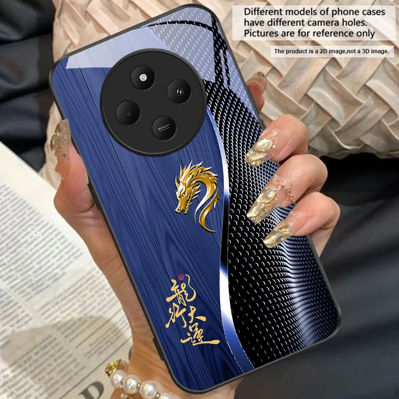Elegant Black Tempered Glass Phone Case with Traditional Dragon Totem Design