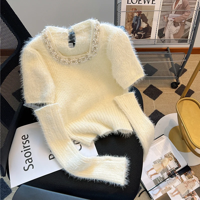 

Sweet Sexy Beading Sweater Women Spring Autumn Jumper O Neck Long Sleeve Two Piece Knitted Tops Pull Femme