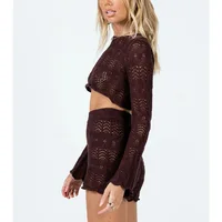Beach Holiday Bohemian Knitted Two Piece Set Pajamas Women Long Sleeve Hollow Out Crop Top Pullovers + Slim Fit Short Ouftits - Image 5