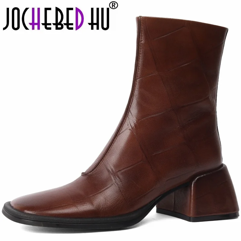 

【JOCHEBED HU】Brand Genuine Leather Square Toe Autumn Winter Ankle Boots Zipper Fashion Women Shoes Heel Motorcycle Boots 34-40