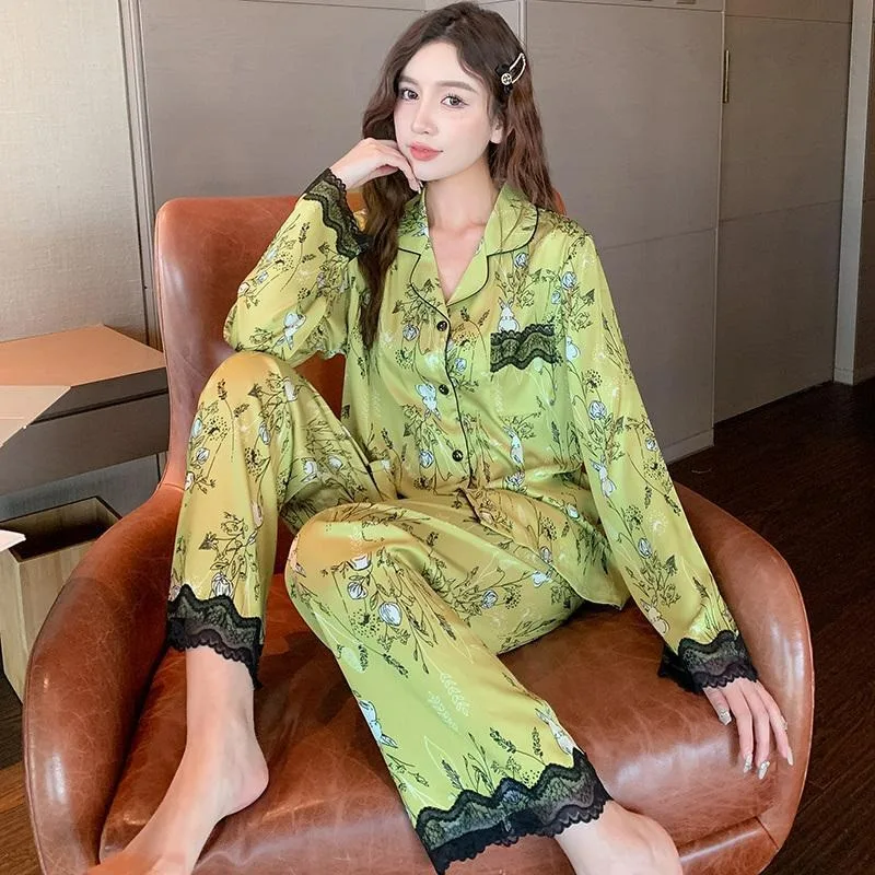 2024 Spring Autumn New Women Pajamas Female High-Grade Lace Long Sleeve Ice Silk Nightclothes Suit Casual Comfortable Homewear