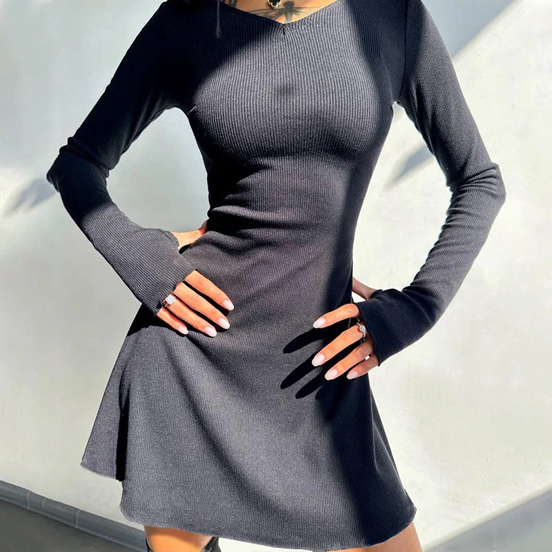 Vestidos Elegantes y bonitos para mujer, Mini vestido negro Sexy de manga larga con cuello en V, Color sólido, Otoño e Invierno - Imagen 2