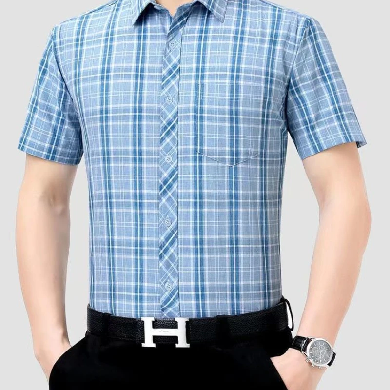 Short-sleeve Men's Plaid Shirt Brand-name High-grade Iron-free Crease-resistant Casual Thin Loose POLO Neck Stitching Pocket