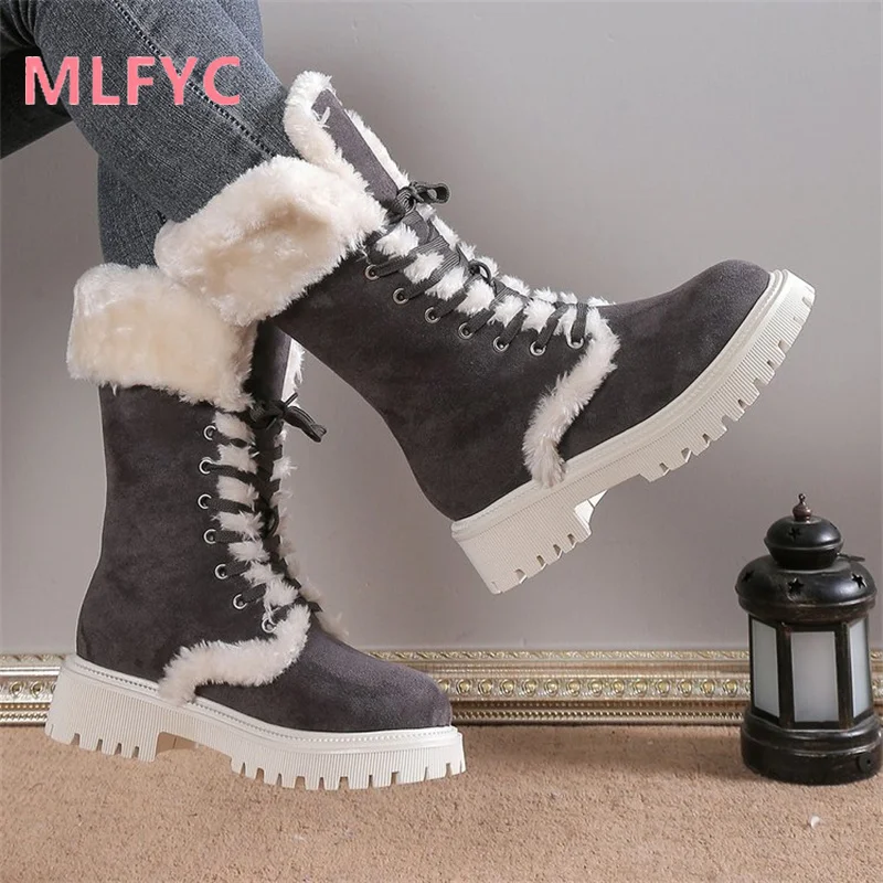 Women's Large New Thick Sole Mid Sleeve Lace Up Snow Boots Women's Vintage Plush Thickened Cotton Shoes