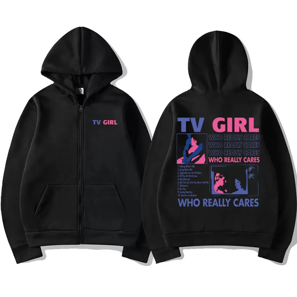 Hommes femmes TV fille qui se soucie vraiment impression graphique sweat à capuche avec fermeture éclair mode décontracté surdimensionné veste polaire à manches longues sweats