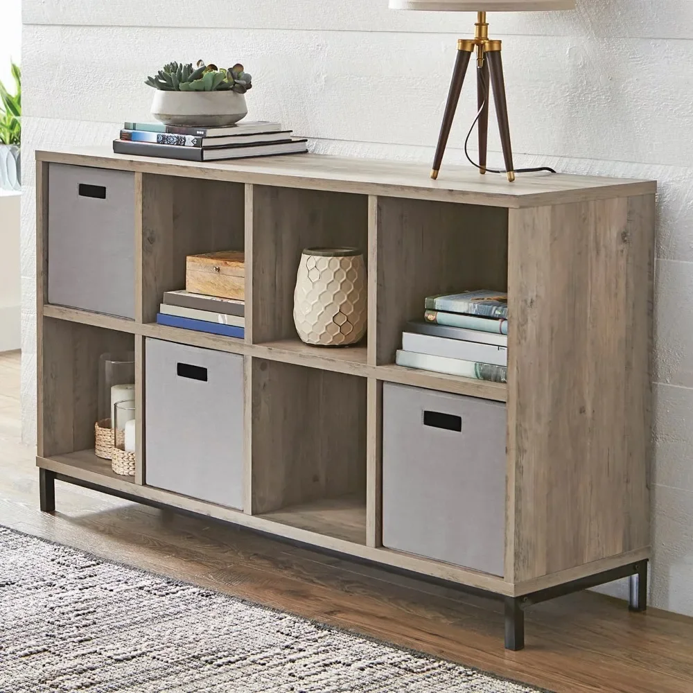 

Living Room Furniture Bookcase for Books 8-Cube Organizer With Metal Base Rustic Gray Showcase Book Shelf Desk Bookshelf Shelves