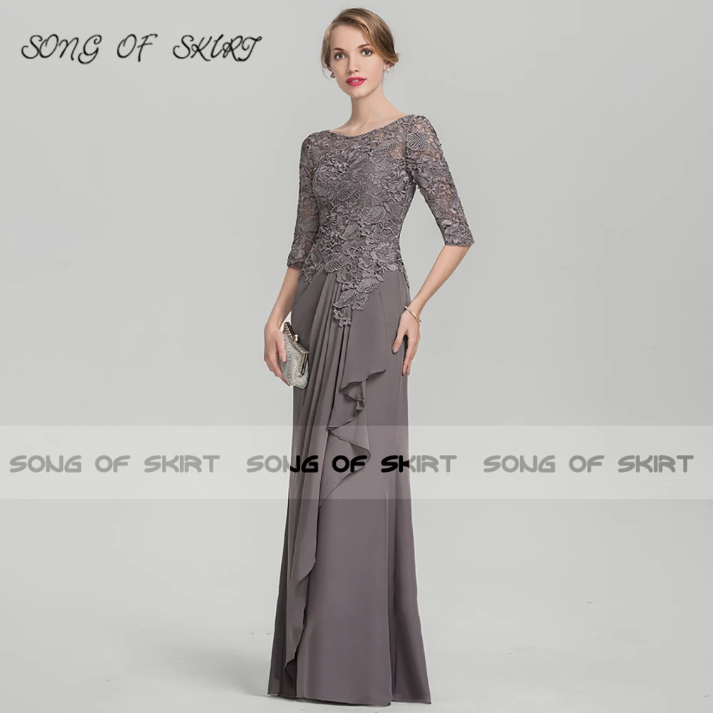 Mother Of Bride Dresses Grey Mermaid Long Lace Chiffon O Neck Mom Wedding Guests Evening Formal Gown