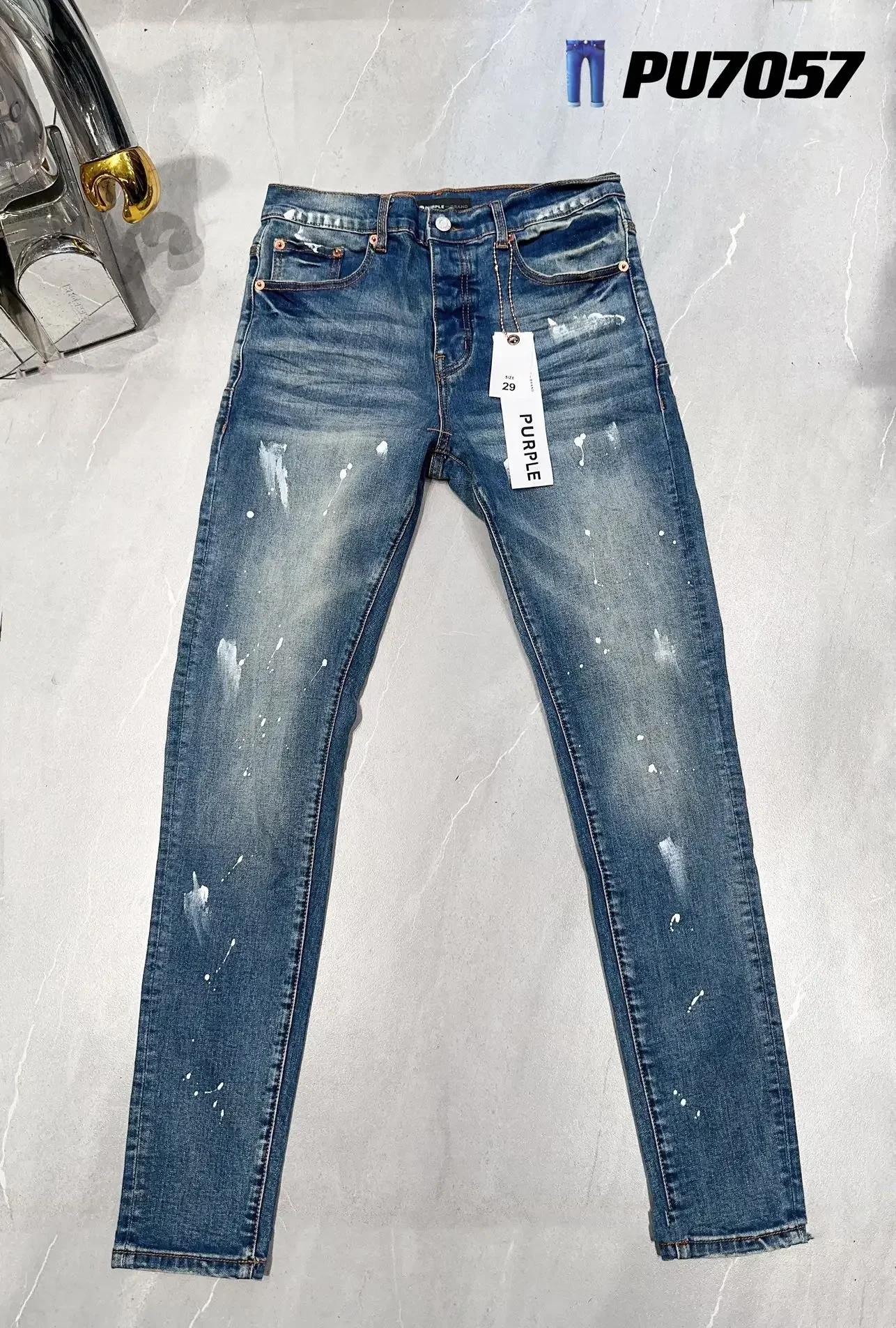 

AW Purple Brand High Street Men's Slim Fit Paint Print Blue Denim Jeans Long Pants Streetwear