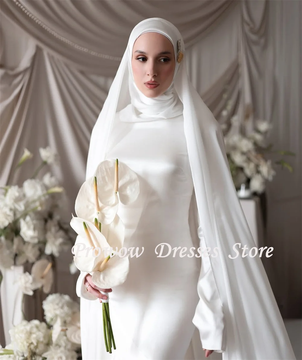 Prowow Modest Muslim Wedding Dresses Full Sleeves Floor Length A LIne Bridal Gowns Pleats Zip Back 2025 Arabic Women Customized 2