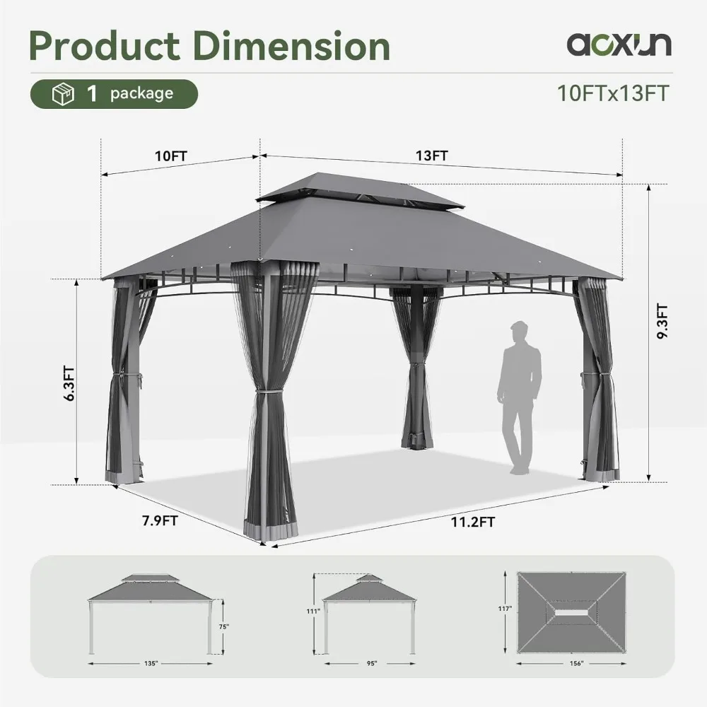 Outdoor pavilion,suitable for terrace 10x13,metal frame canopy, double roof,heavy-duty party tent, and shelter with mosquito net 5