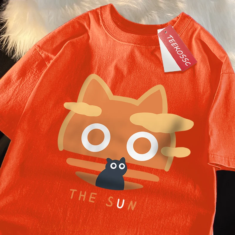 Sun Orange Japanese Style Loose-Fit Cotton T-Shirt