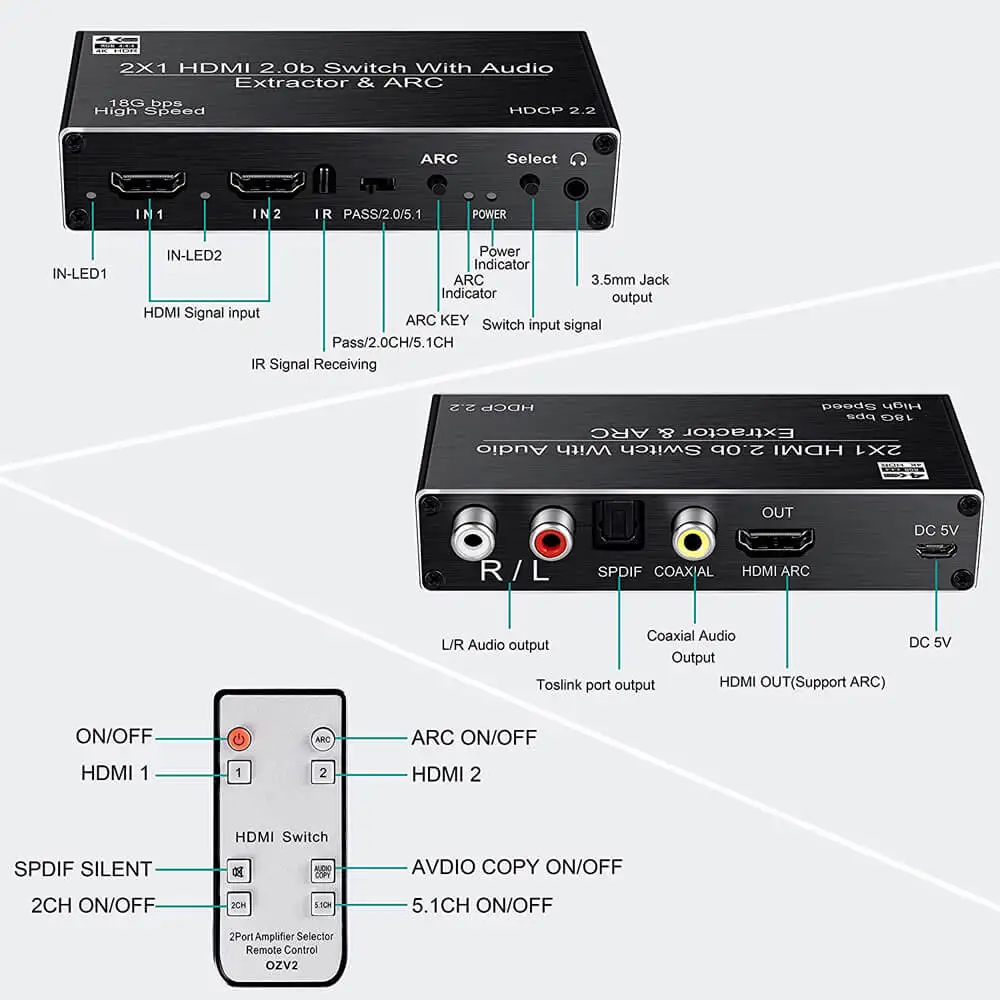 4K HDMI 스위처 오디오 추출기 2 in 1 Out 선택기(R/L 포함) Toslink SPDIF 동축 오디오 출력 HDMI ARC 오디오 스위치 2x1 어댑터