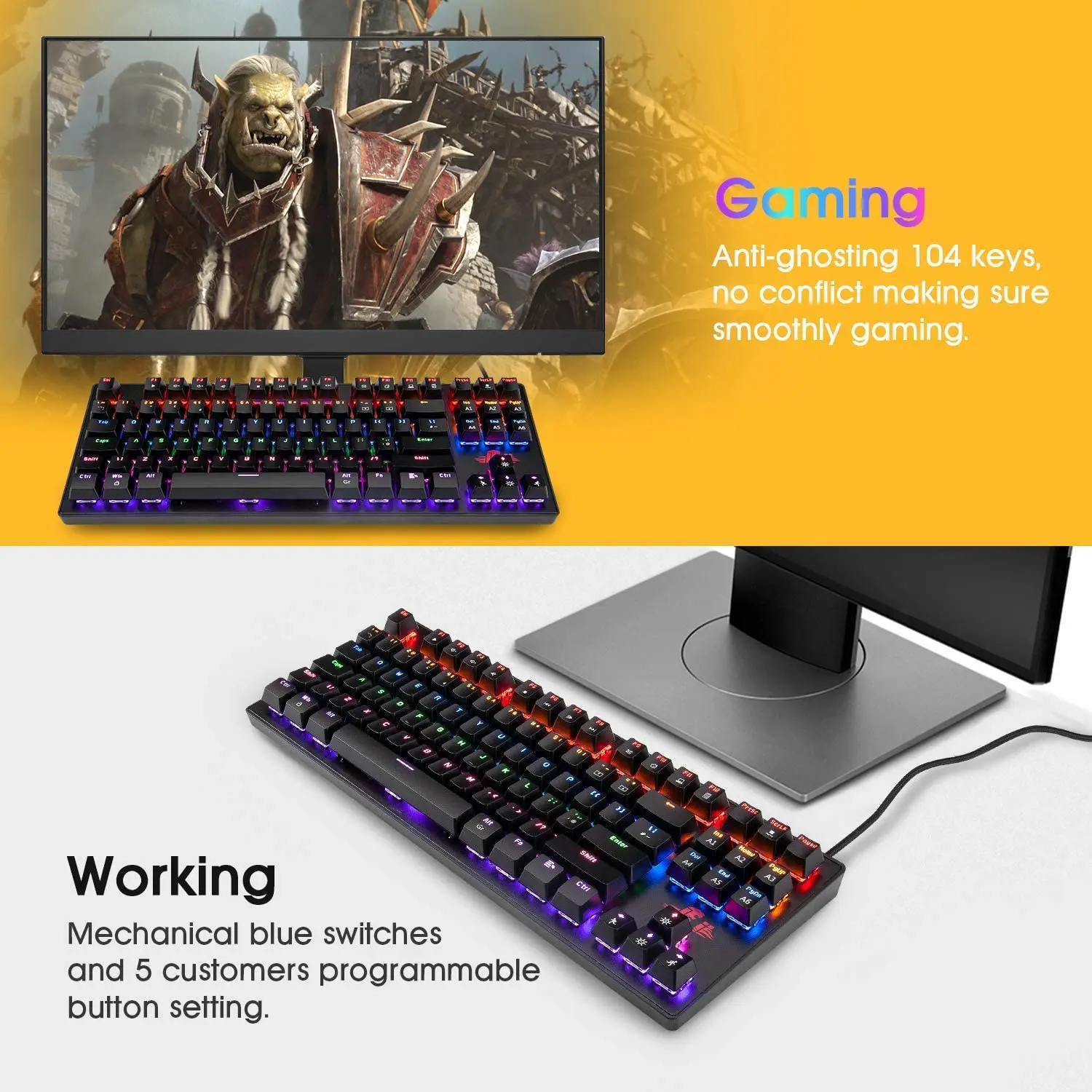 Rii-Waterproof Portable RGB Computer Keyboard, Backlit Ergonomic,