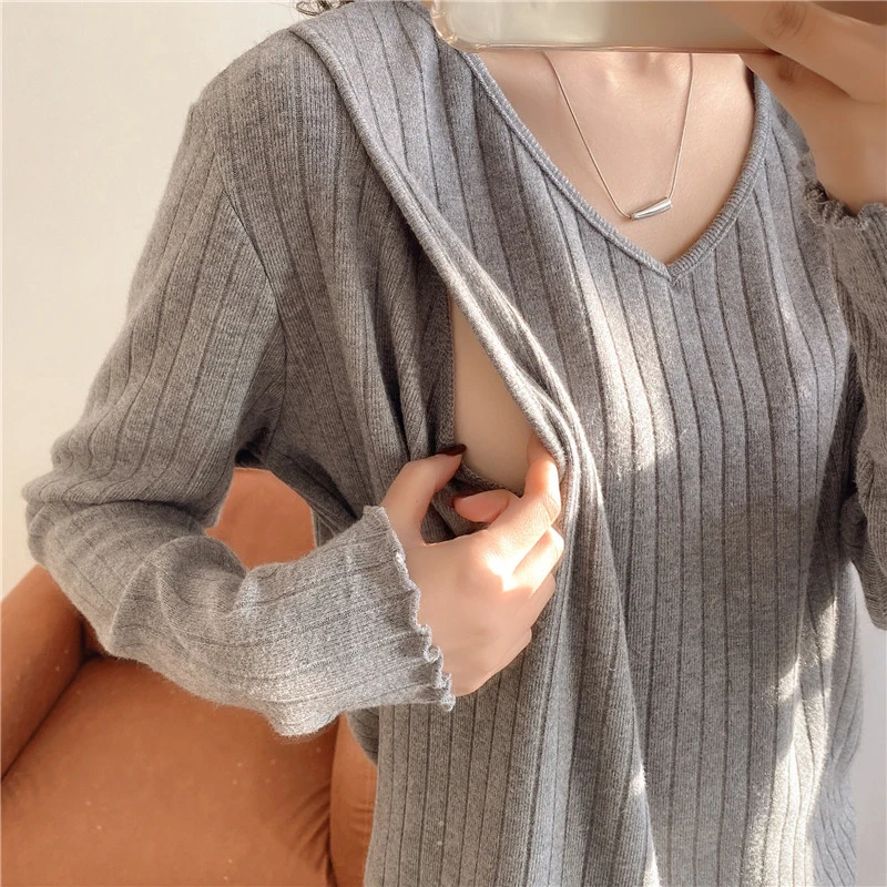 Spring V-neck Nursing Long-Sleeved Knitted Pullover Sweater Loose Breastfeeding Cothes Pregnant Maternity Clothes