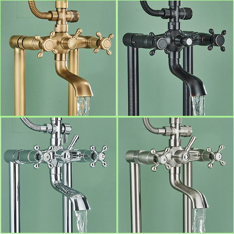 Antique Brass Floor Mounted Bathtub Faucet Free Standing Bathroom Shower Mixer Tap with Handshower 1.5~2m Rainfall Shower System 4
