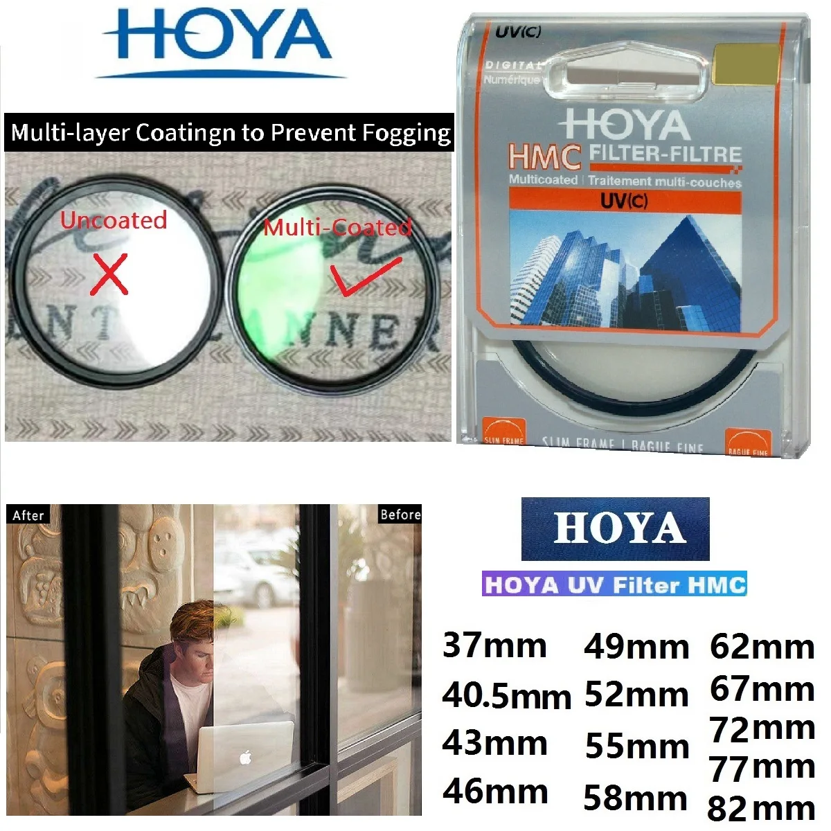 Hoya HMC UV(c) Lens Filter 37 40.5 43 46 49 52 55 58 62 67 72 77 82mm Slim Frame Multi Coated Anti-Glare and Blue Light Filters 2
