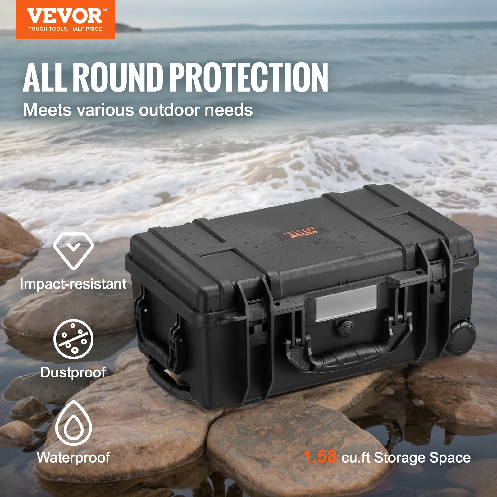 VEVOR Weatherproof Hard Case, Heavy Duty Protective Dry Box Case with Pre-cut Foam, Wheels & Retractable Pull Handles for Travel 2