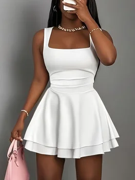 Women's square-neck waist-cinching A-line dress, sporty tennis outfit, everyday commuting 1